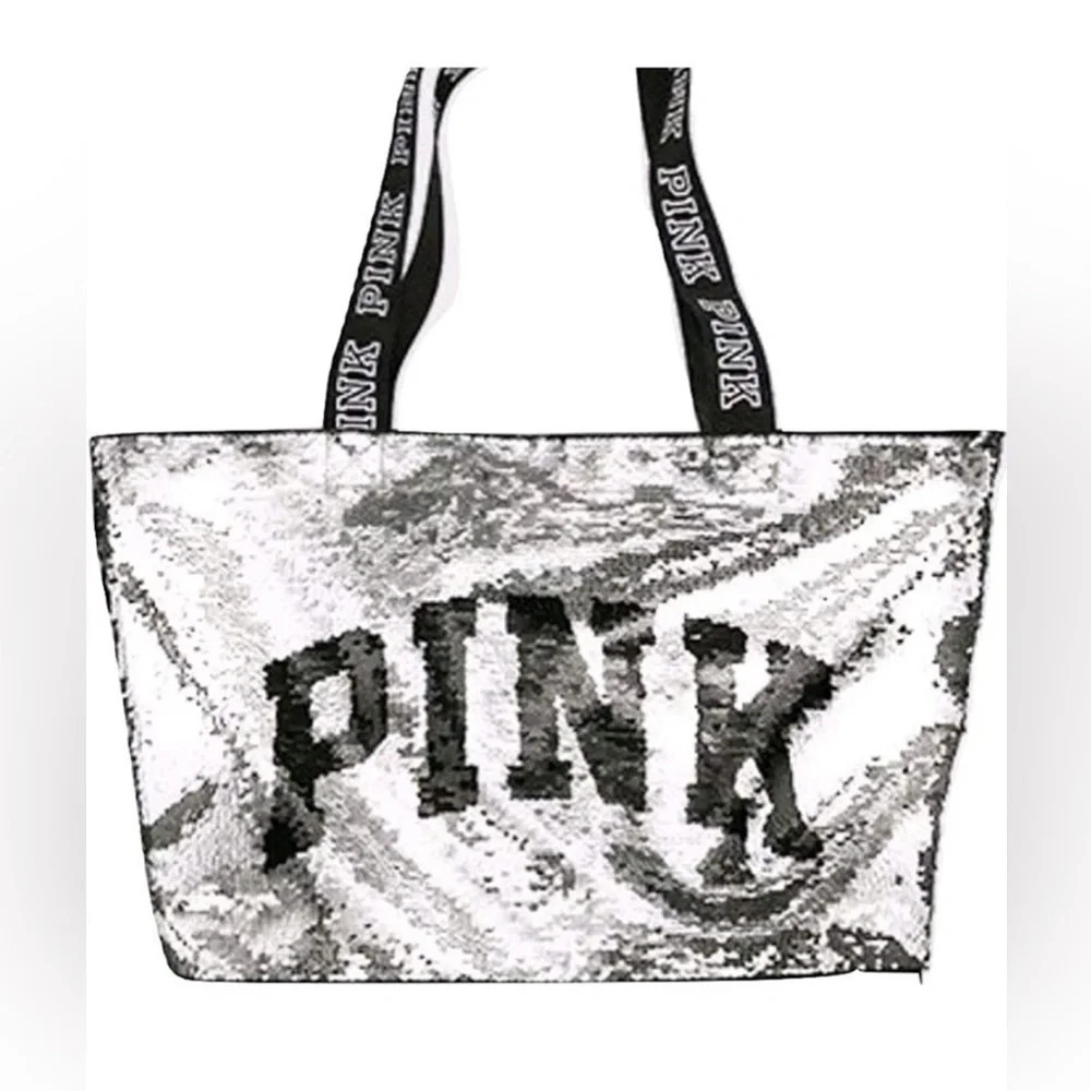 VS PINK TOTE 15” SHIMMERING FLIP SEQUINS SILVER/GOLD TAKE ANYWHERE TOTE SUPER !! - Picture 2 of 8